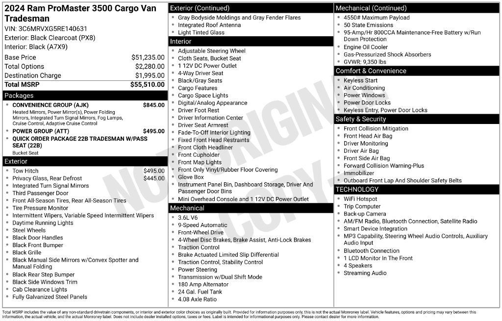 2024 RAM ProMaster 3500 Cargo Van Tradesman High Roof 136" WB w/Pass Seat
