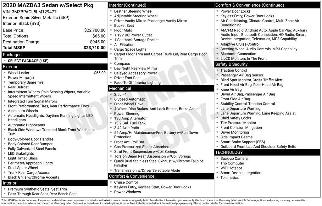 2020 Mazda Mazda3 Sedan Select Package